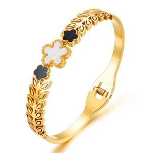 Elegant Gold and Black Bracelet FLOWERS" BRACELET, 18K GOLD PLATED STEEL